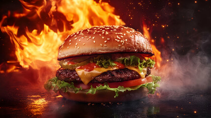 Juicy cheeseburger with lettuce, tomato, and flames in the background
