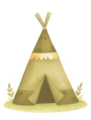 Cartoon green camping tent with leaves on a white background