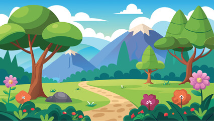 Cartoon Landscape with Mountains, Trees, Flowers, and Path Colorful Vector Art