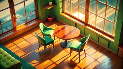 Aerial View Cafe Interior: Empty Table, Green Chairs, Window Scene - High-Resolution Photo
