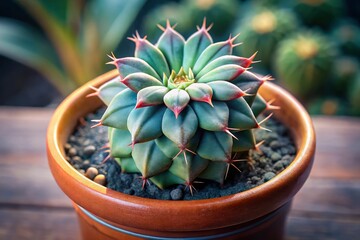 Aerial View Melocactus Bahiensis Succulent in Pot - Selective Focus Photography