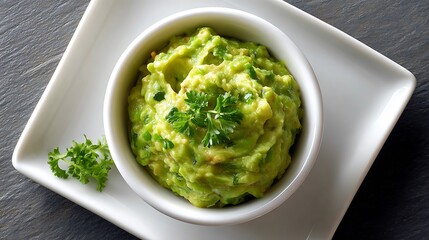 Freshly Made Guacamole in a White Bowl Garnished with Parsley