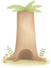 Cartoon jungle tree with leaves and a cave opening on a white background