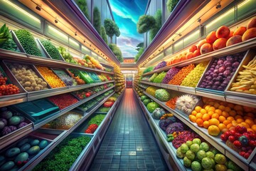 Aerial View Supermarket Produce Aisle, Fresh Fruits Vegetables Colorful Display, Grocery Store Food Shopping