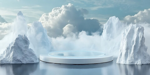 Ice podium background snow winter product platform cold mountain 3D. Podium ice display background cosmetic sky floor blue scene landscape frozen white cool stand pedestal minimal rock glacier nature.