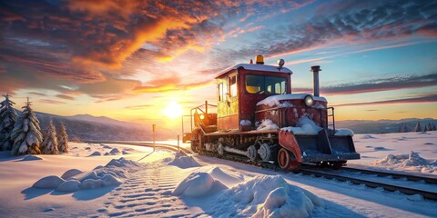 Antique Railway Snow Plow Landscape Photography: Winter Railroad Scene, Vintage Snow Removal Equipment, Historic Train Tracks