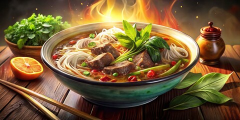 Authentic Vietnamese Beef Pho Recipe: Panoramic Food Photography - Delicious Steam, Fresh Herbs