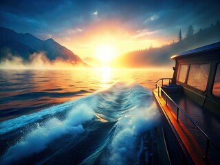Baikal Lake Silhouette: Foggy Summer Motorboat Wake Abstract Water Photography
