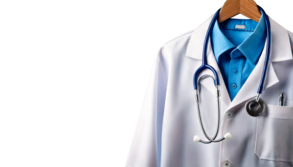 A white lab coat and stethoscope on a blue hanger symbolize medical professionals' dedicatio.png