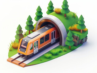Cartoon isometric train entering tunnel, white background, forest trees and grass design.