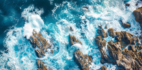 Aerial rugged coastline, waves crashing, blue water, white foam, detailed nature art.