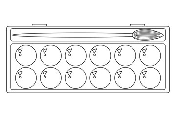 Coloring page with outline vector drawing of art supplies with watercolor paint and brushes. For entertaining kids, back to school or education black and white design, DIY craft activity, educational.