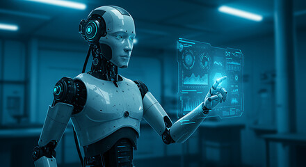 Futuristic robot interacting with data display in high tech laboratory environment