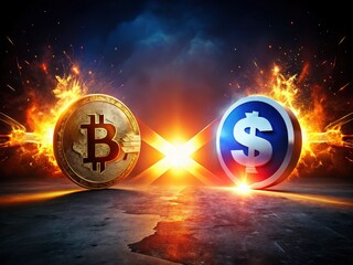 Bitcoin vs Dollar: Low Light Crypto Currency Stock Photo - Digital Currency, Finance, Investment, Blockchain Technology Image