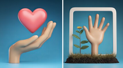 3D heart emoji held by hands Love cardio donate symbol for mobile apps and social media illustration