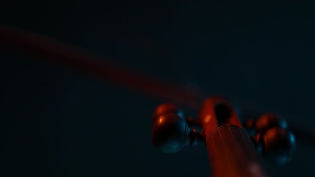 Extreme macro shot of a traditional ethnic stringed instrument. The camera slowly reveals details of the tuning pegs, strings, and fretboard with moody lighting.