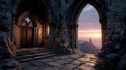 3D illustration of gothic castle interior with sunset through large window Abandoned medieval cathedral architecture