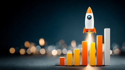 Business growth chart rising with rocket icon Financial graph arrow shows wealth boost Technology and illustration concept