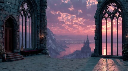 3D illustration of gothic castle interior with sunset through large window Abandoned medieval cathedral architecture