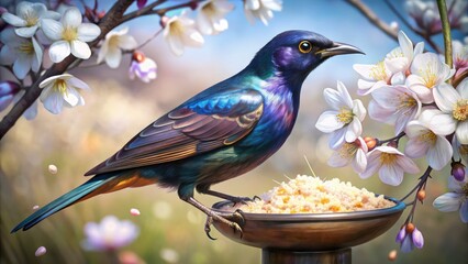 Bokeh Bird Feeder Photo: Cautious Grackle Starling Spring Blossoms