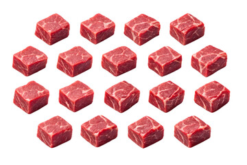 Diced Raw Beef Cubes Arranged on Transparent Background