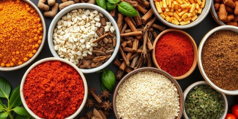 Assortment of whole and ground spices in bowls,  paprika,  vibrant