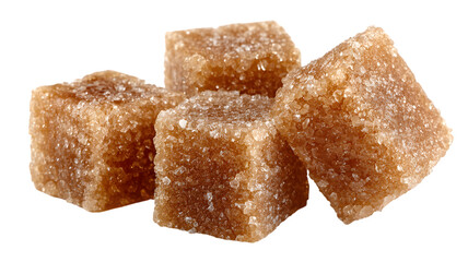 Close-up of four brown sugar cubes arranged on a isolated on white transparent background showcasing the texture and detail of the crystalline granules perfect for culinary visuals.
