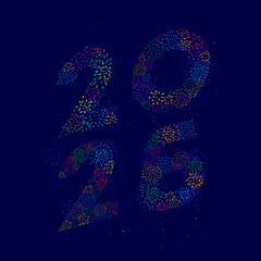 2026 typography design with colorful fireworks on white background.

