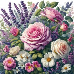 Lush Illustration in Full Bloom English Cottage Garden A charmin