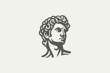 Ancient statue male head, bold line silhouette vector illustration logo