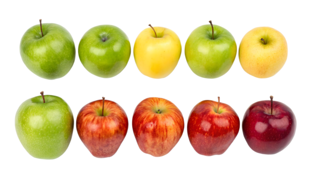 Assortment of freshly picked apples showcasing various colors and varieties on white background