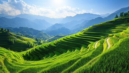 Fototapeta premium Stunning Rice Terrace Landscape with Lush Green Fields and Majestic Mountains in the Background
