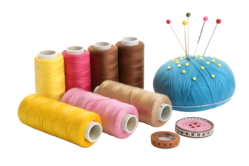 Colorful spools of thread and pin cushion emphasizing sewing and needlework crafts