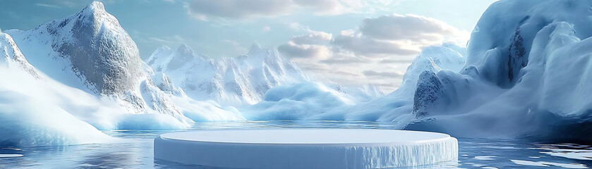 Podium ice water background, mountain product platform
