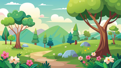 Cartoon Landscape Illustration of Green Hills, Trees, Flowers, and a Winding Path