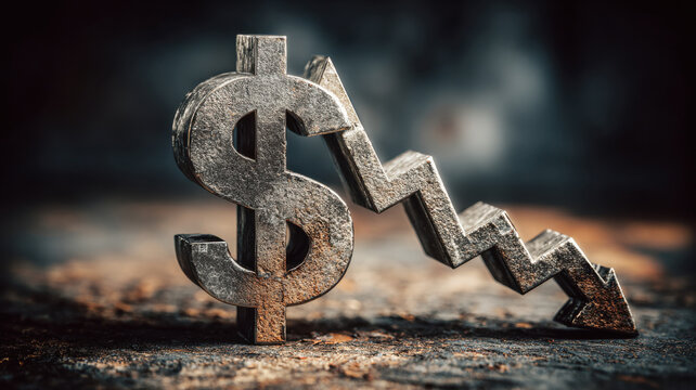 Dollar sign symbol with an arrow pointing down, symbolizing economic downturn or financial loss