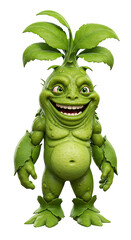 Illustration of a Smiling Green Plant Monster on Black Background png, isolated on trasparent background