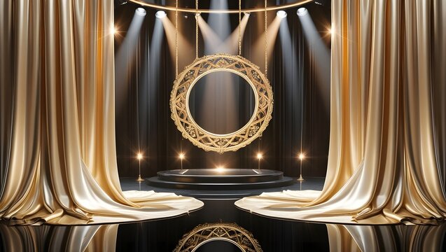 Elegant gold frame and black stage with silk curtains