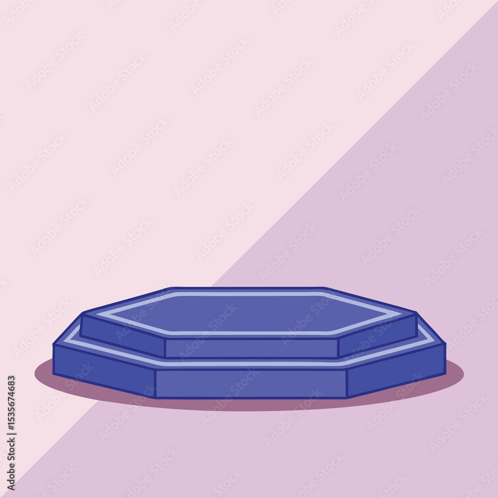 Poster blue two tiered octagonal podium on a light pink background with a two toned pink triangle shape des
