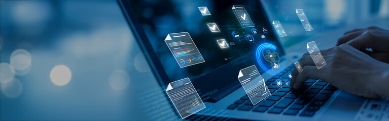 Obraz na płótnie Canvas Document management concept, check electronic documents on digital documents on virtual screen Document Management System and process automation to efficiently document paperless operate