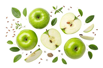 Fresh green apples with leaves and seeds isolated on a white background