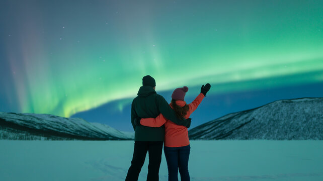 Couple embracing while watching the aurora borealis over snowy mountains at night in winter season