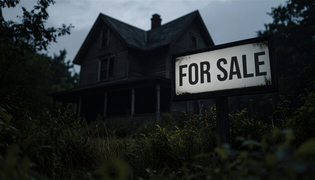 For Sale Sign in Front of Abandoned House at Night
