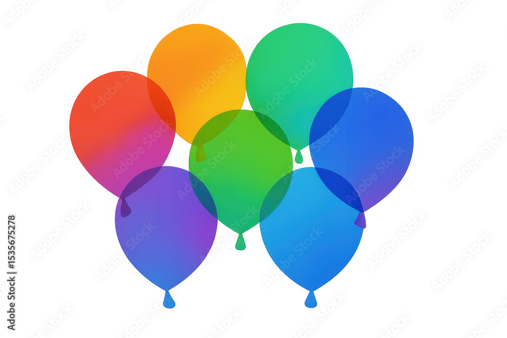 Poster seven colorful balloons floating on a transparent background, creating a festive and cheerful atmosp