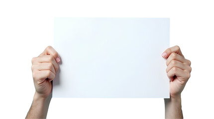 Hands holding a white blank board, information sign isolated on white or transparent background, png file panel for advertising, marketing or product announcement, visual empty sign for communication