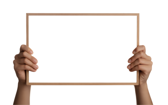 Hands holding a white blank board, information sign isolated on white or transparent background, png file panel for advertising, marketing or product announcement, visual sign for presentation