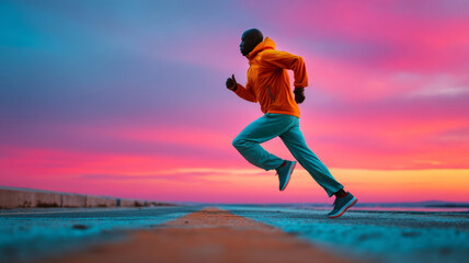 Focused athletic man in orange hoodie sprinting along the coast at sunset under dramatic pink and purple sky, expressing energy and freedom.