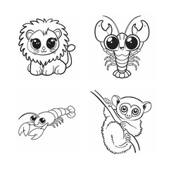 line art of cute animal bundle on the white background