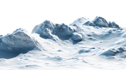 Frozen alpine landscape rendered in beautiful light illustrating majestic snowy mountain peaks and slopes in a vast winter terrain isolated on white transparent