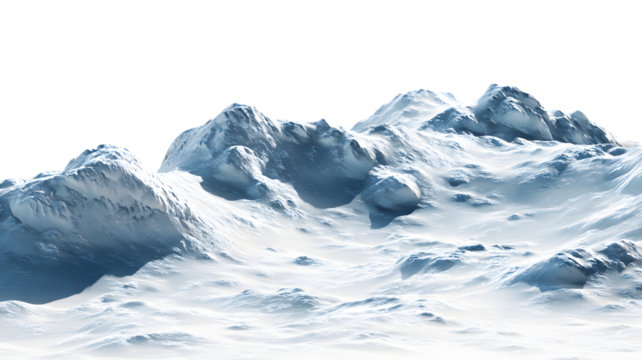 Frozen alpine landscape rendered in beautiful light illustrating majestic snowy mountain peaks and slopes in a vast winter terrain isolated on white transparent